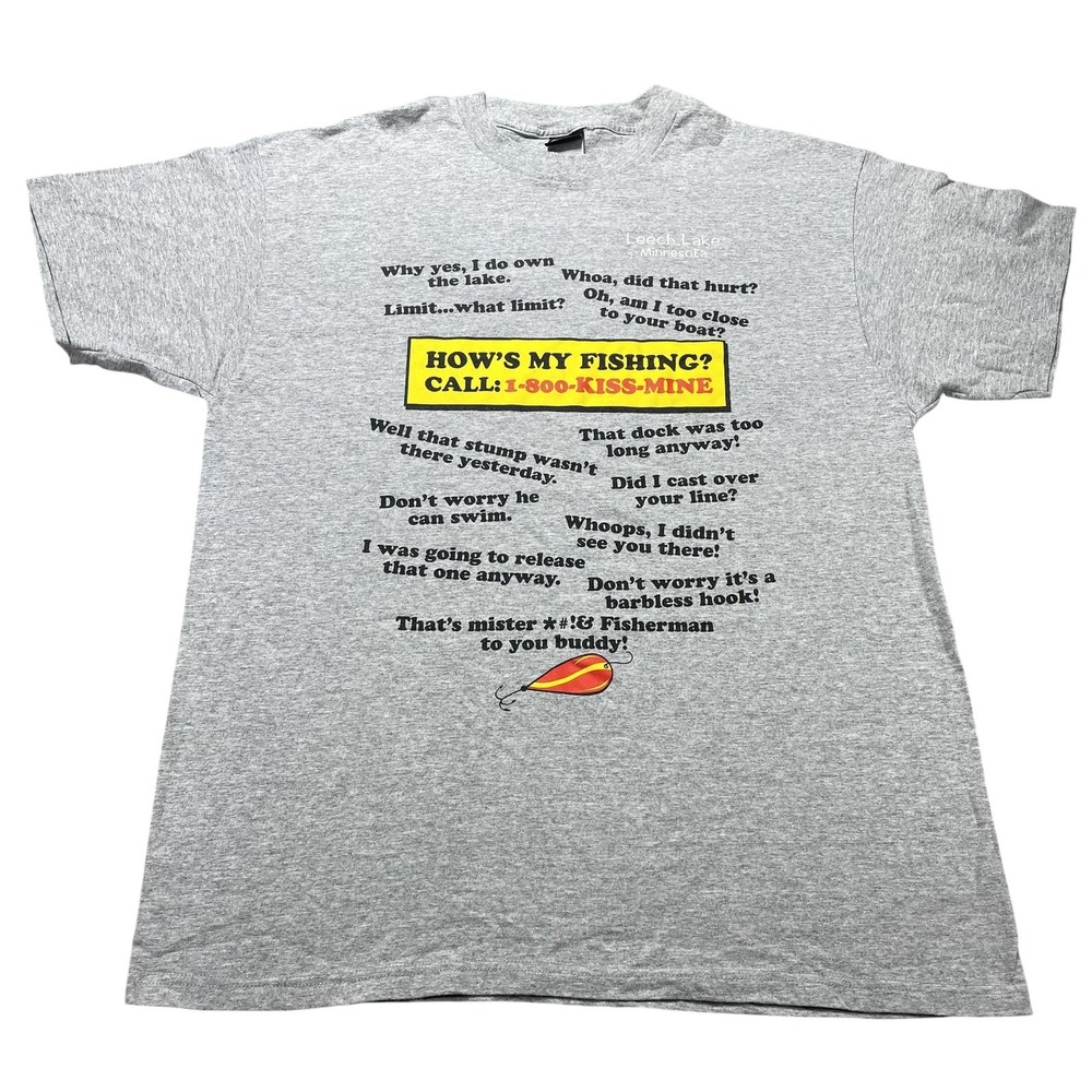 Sherry's Best Shirt Mens XL Gray How's My Fishing Funny Graphic Tee‎ Leech Lake